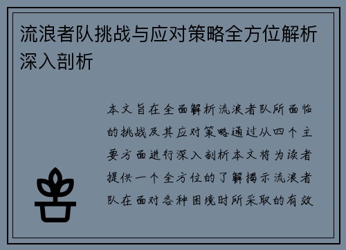 流浪者队挑战与应对策略全方位解析深入剖析 流浪者队挑战与应对策略全方位解析深入剖析